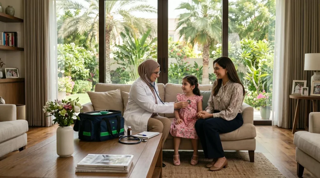 Doctor examining a child at a family villa in Green Community, Dubai