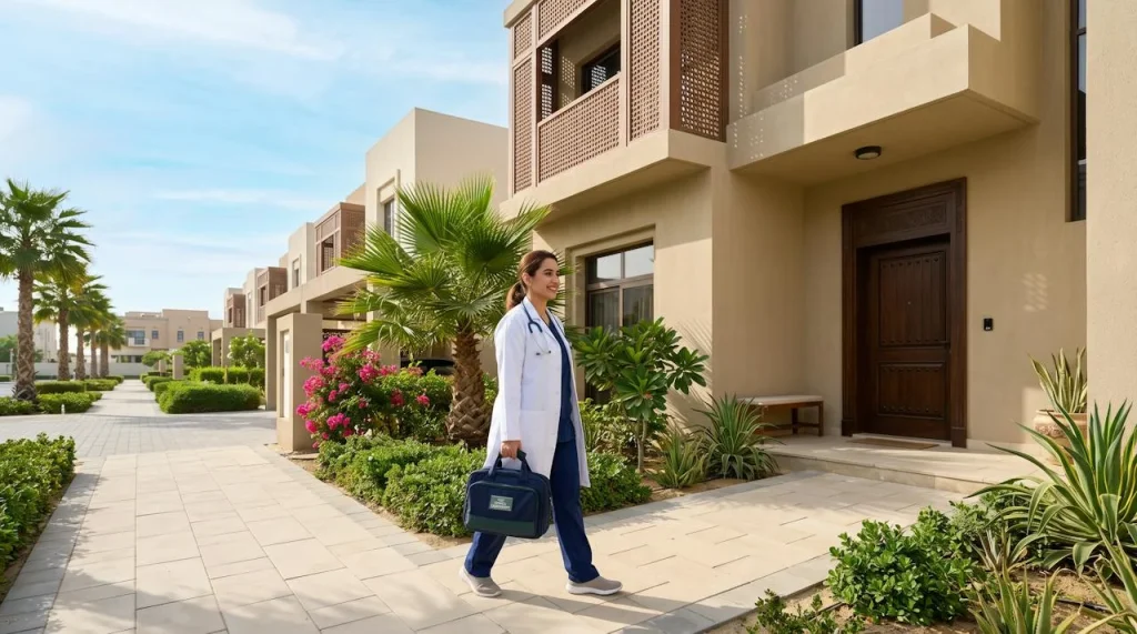 Doctor on call arriving at a townhouse in Al Furjan, Dubai for a home visit