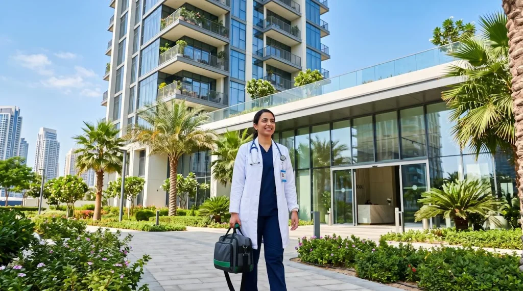 Doctor on call arriving at an apartment tower in Arjan, Al Barsha South
