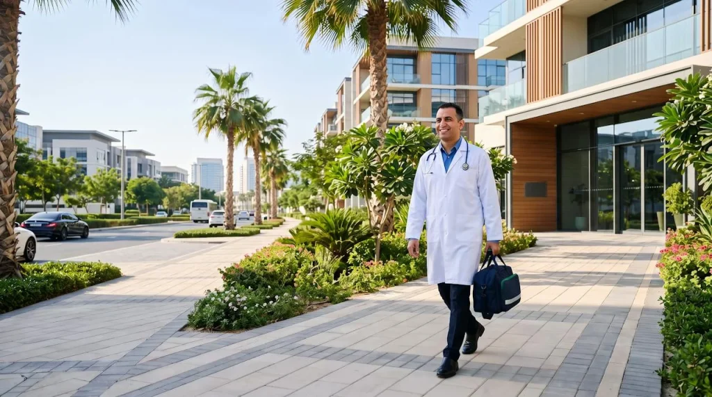 Doctor on call arriving at an apartment building in Dubai Investments Park (DIP)