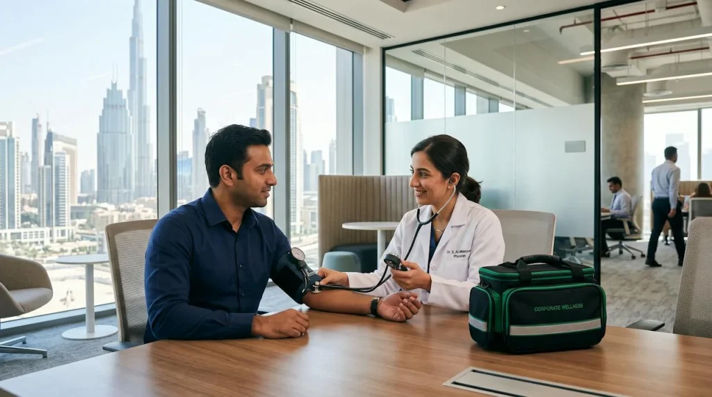 Doctor checking an employee’s blood pressure at an office in Dubai Investments Park (DIP)