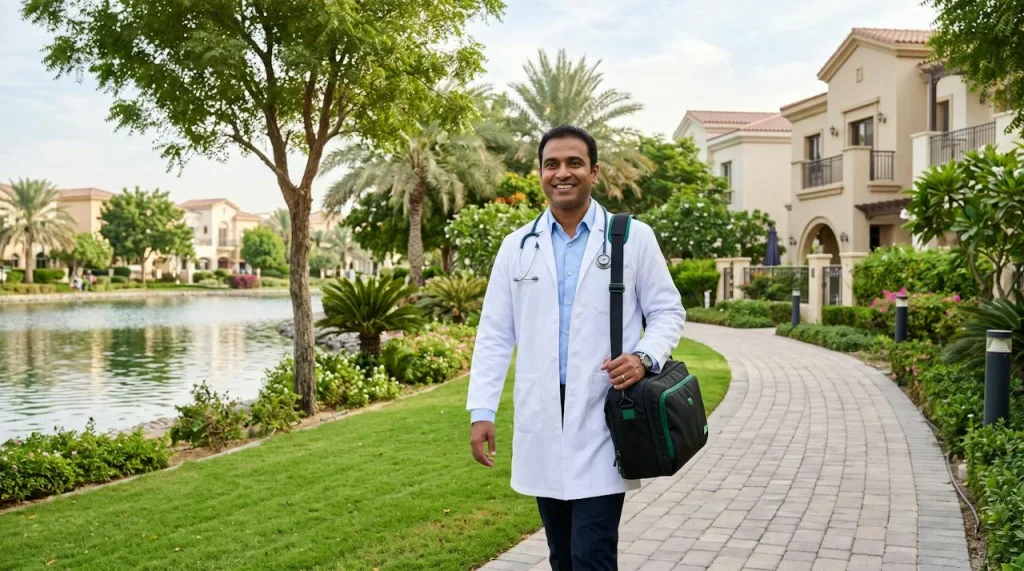 Doctor on call walking to a villa by the lake in Green Community West, DIP