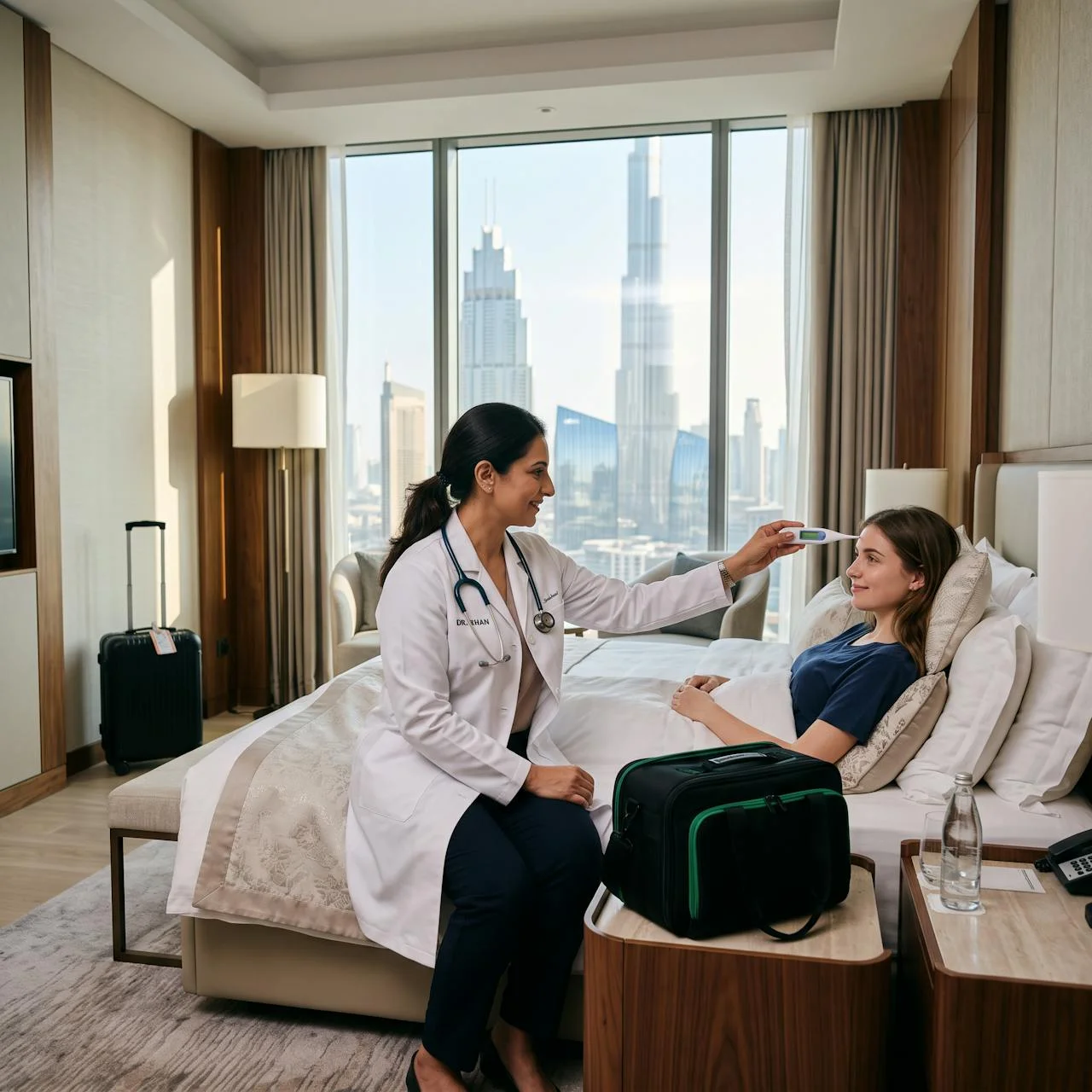 Doctor on call visiting a guest in a hotel room in Dubai