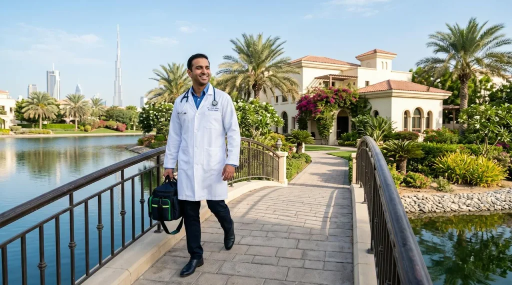 Doctor on call crossing a bridge to a villa in Jumeirah Islands, Dubai