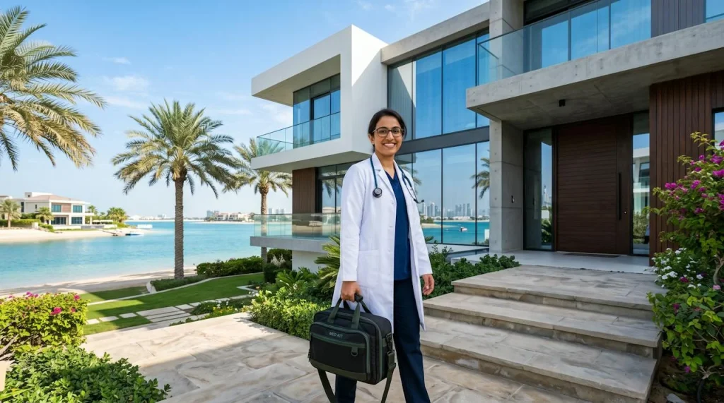 Doctor on call arriving at a villa in MBR City (Mohammed Bin Rashid City), Dubai