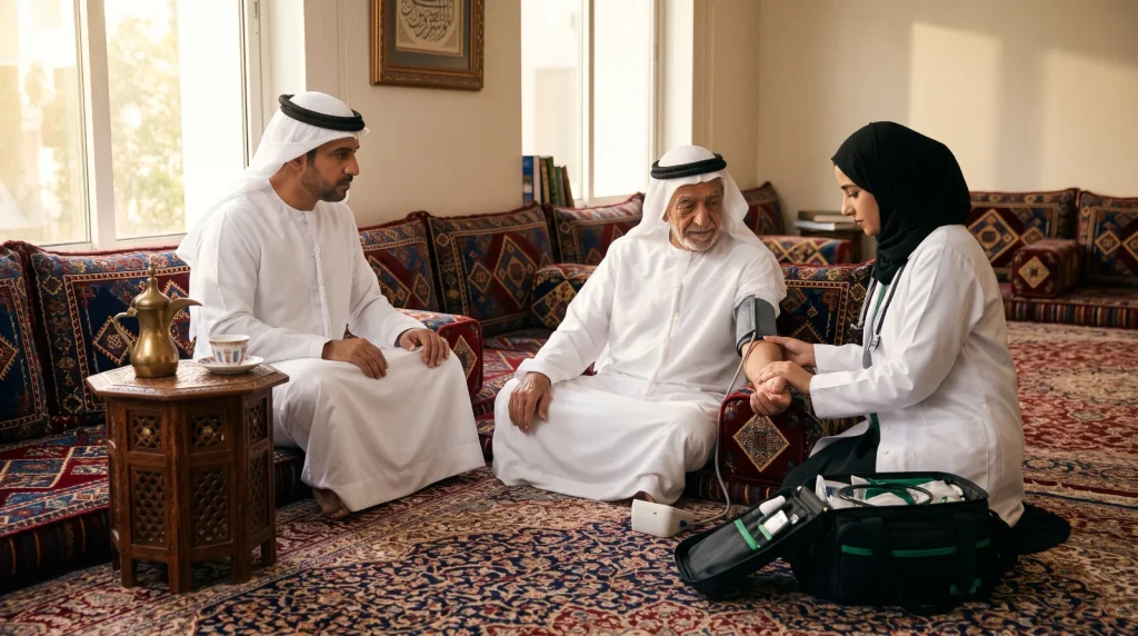 Doctor checking an elderly patient at home in Nad Al Sheba, Dubai