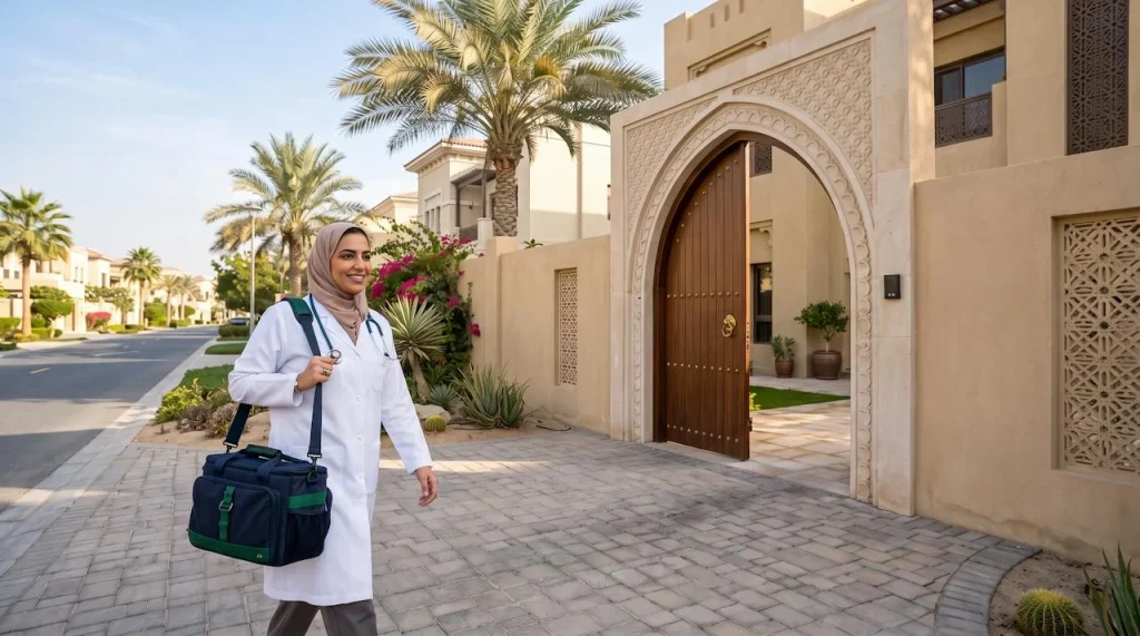 Doctor on call arriving at a family villa in Nad Al Sheba, Dubai