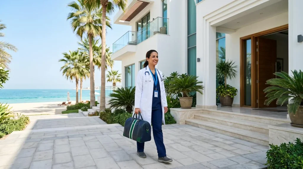 Doctor on call arriving at a beachfront villa in Palm Jumeirah