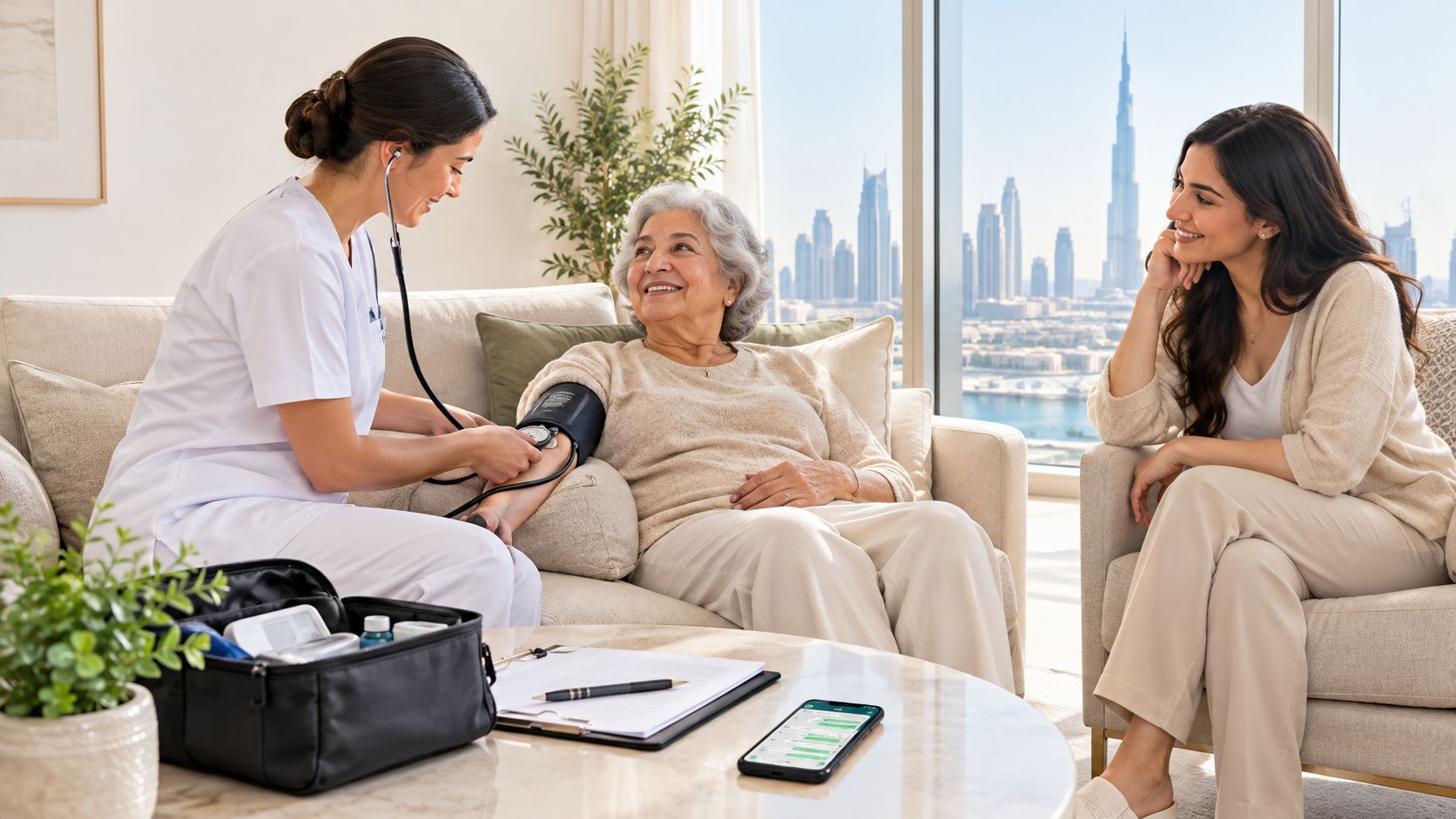 A professional nurse checks an elderly woman's blood pressure at home with a young woman watching nearby.