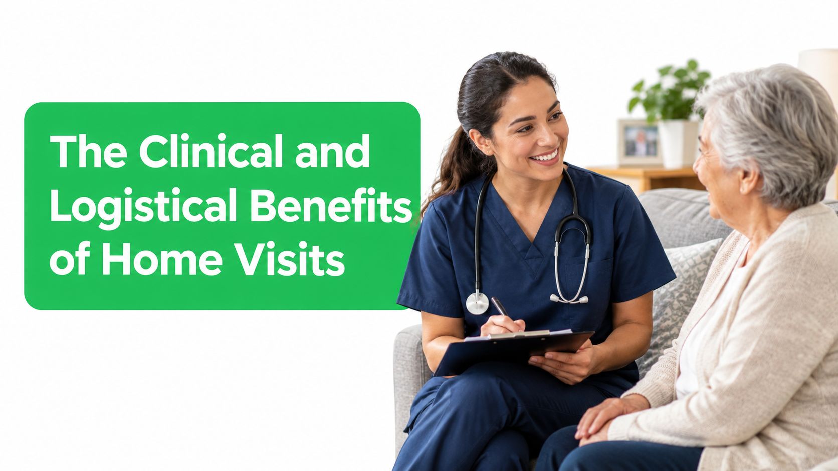 Family Medicine Doctor: Dubai Home Care Guide 6 A friendly nurse smiling and taking notes while conducting a professional medical home visit for an elderly patient.