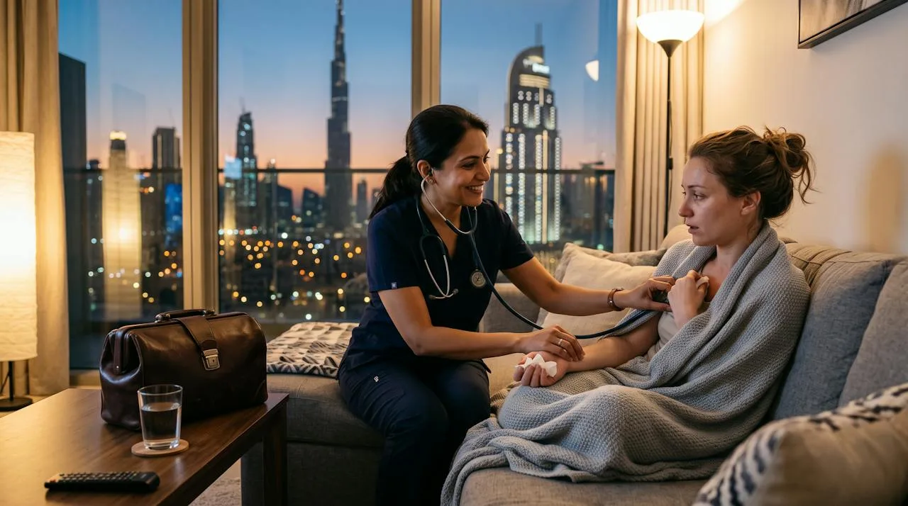 Doctor on call examining a woman with flu at home in a Dubai apartment