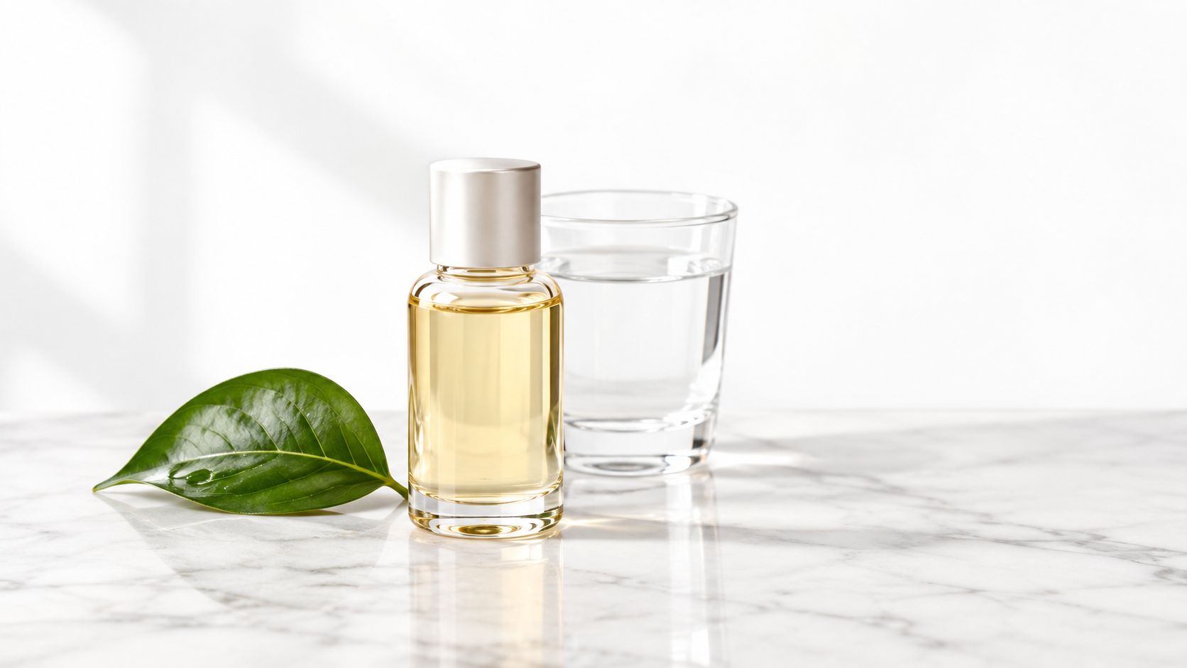 A glass bottle of skincare essence beside a fresh green leaf and a glass of water.