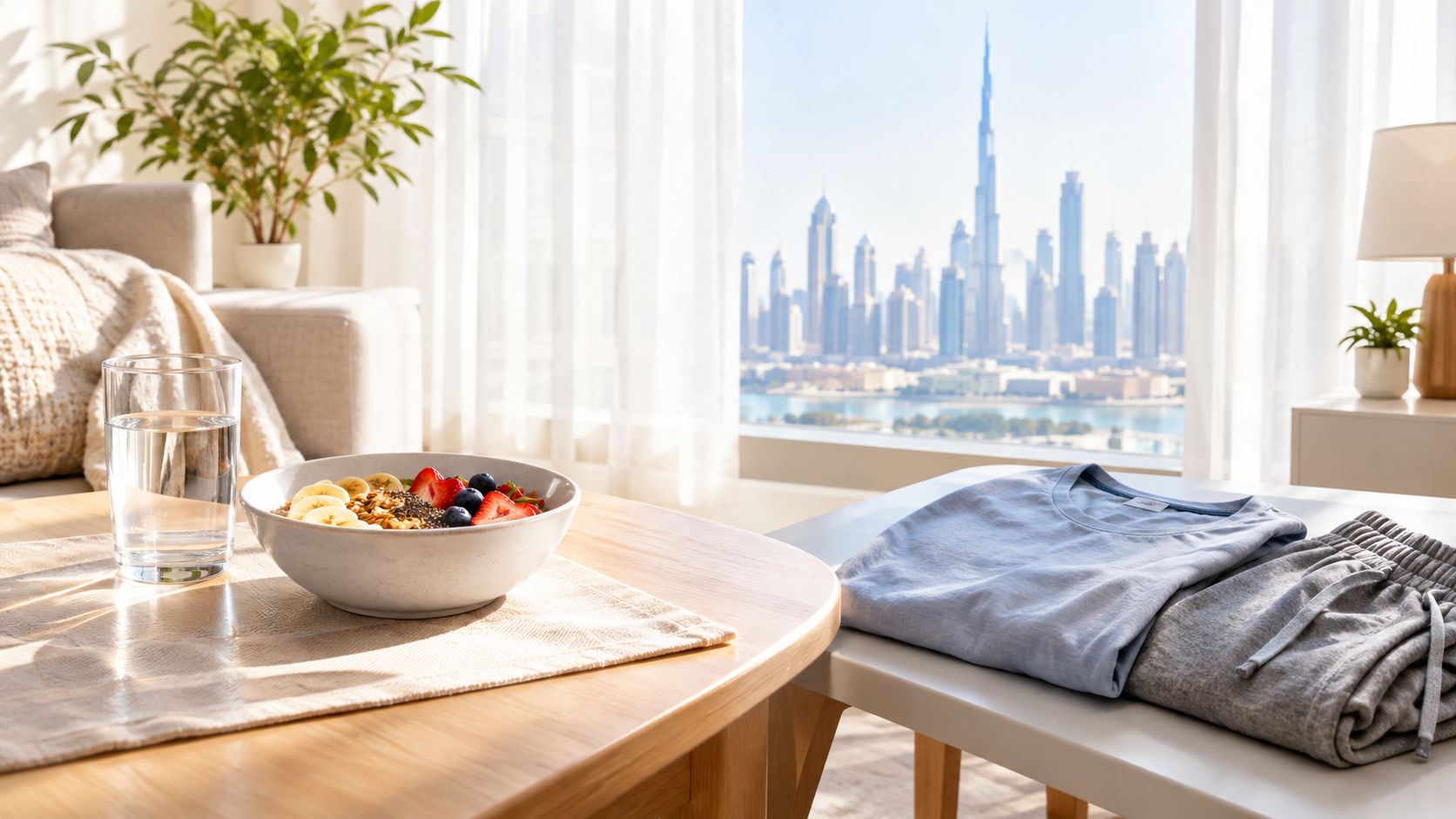 A healthy breakfast bowl with fruit sits on a wooden table beside a city view of Dubai.