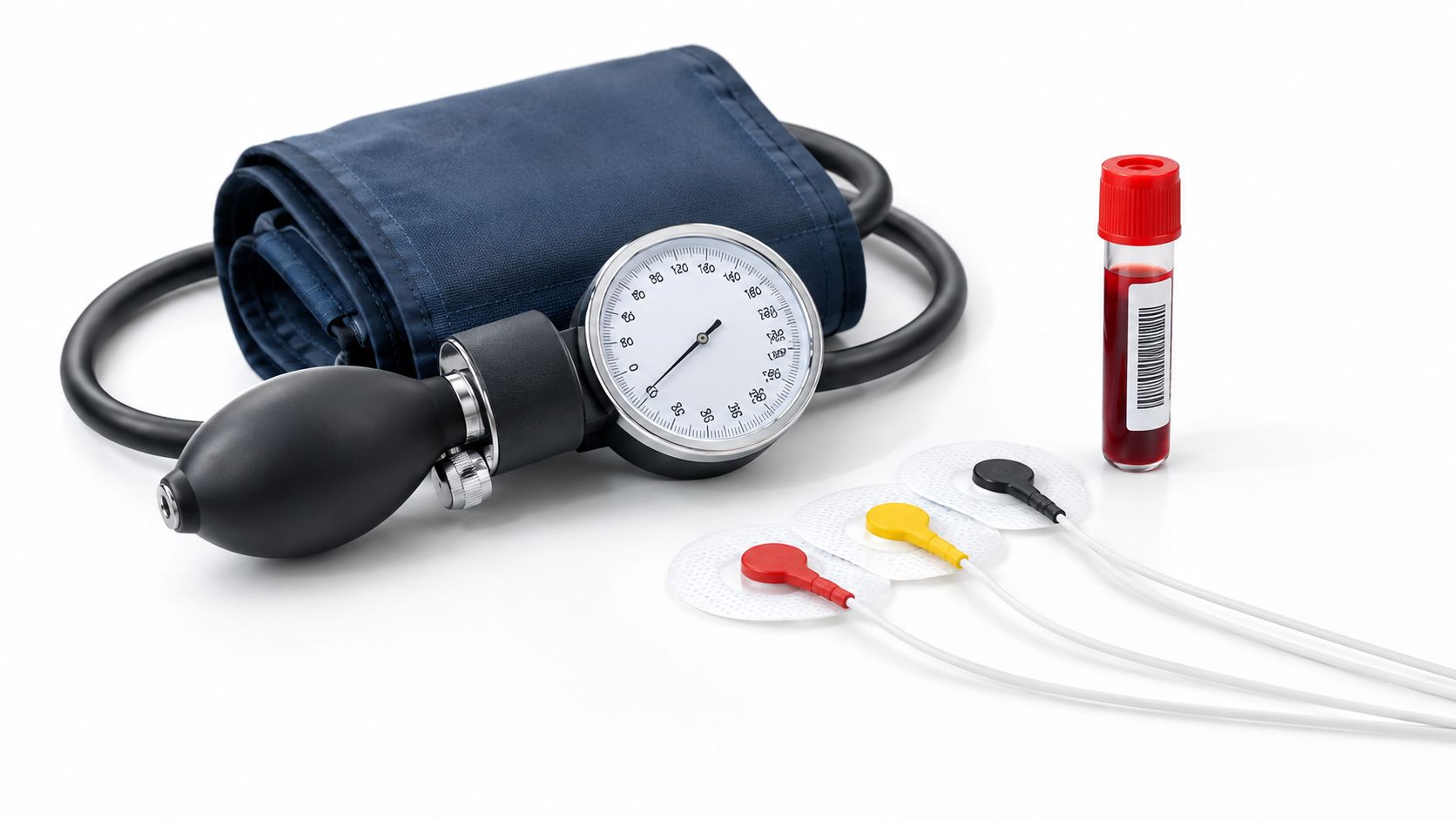 A medical blood pressure cuff, a vial of blood, and ECG electrodes isolated on a white background.