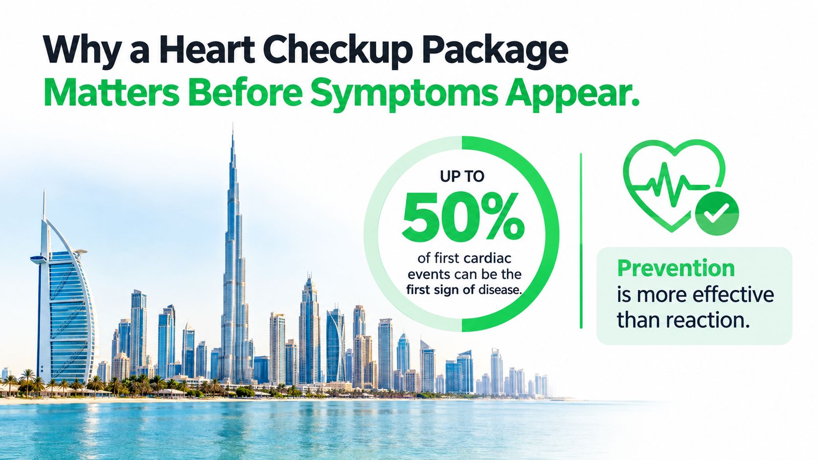 An informative infographic highlighting the importance of preventative heart checkups with the Dubai skyline in background.