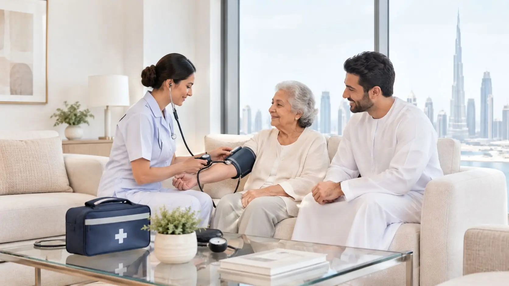 Home Care Service in Dubai: A Complete 2026 Guide 8 A professional nurse performs a home blood pressure check on an elderly woman with her son present.