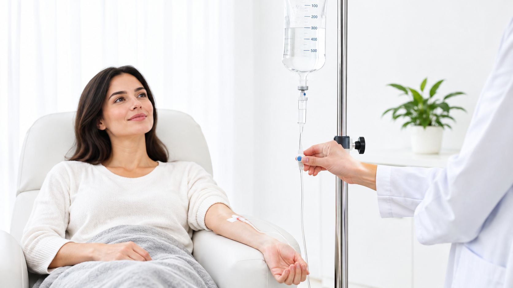 How Long Does Vitamin IV Therapy Last in Dubai 6 A woman receiving vitamin IV therapy while a healthcare professional adjusts the flow on the IV drip.