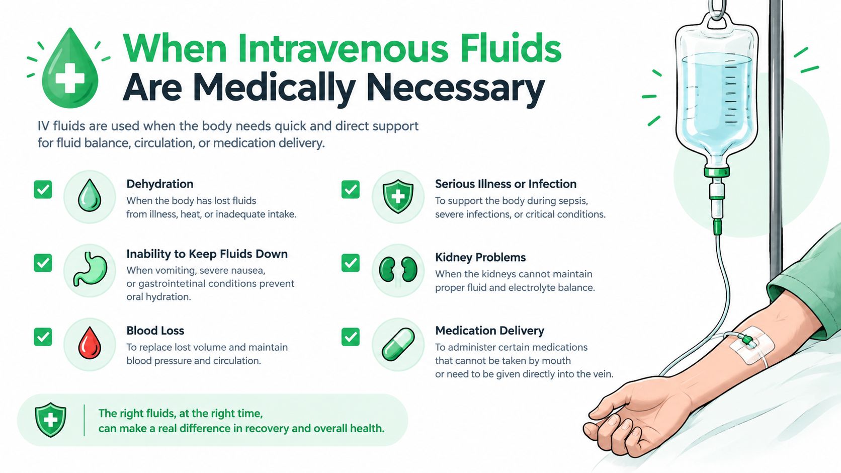 Is IV Hydration Good for You? a Clinical Guide 5 An infographic detailing common medical reasons why intravenous fluid therapy is necessary for patient health and recovery.