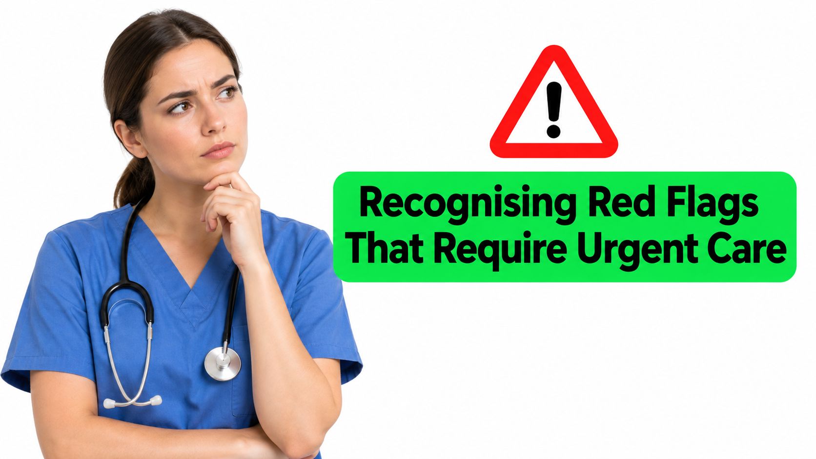 Is IV Hydration Good for You? a Clinical Guide 7 A female nurse in blue scrubs looks thoughtful beside a sign indicating the need for urgent care.