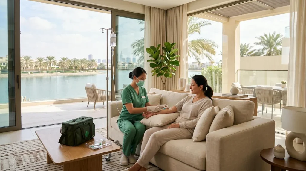 Nurse giving IV hydration therapy at a lakeside villa in Jumeirah Islands