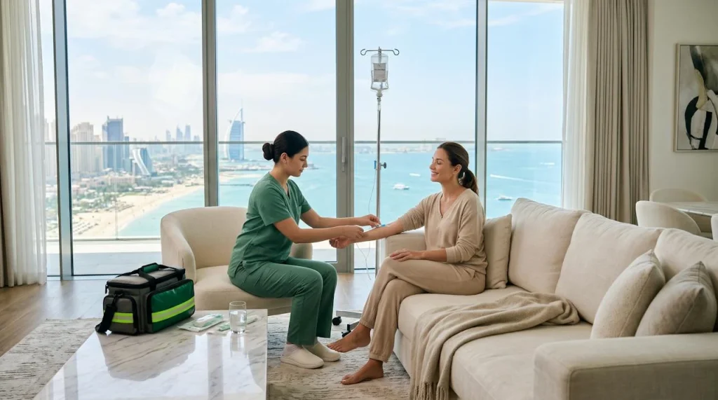 Nurse giving IV hydration therapy at a sea-view apartment in Palm Jumeirah