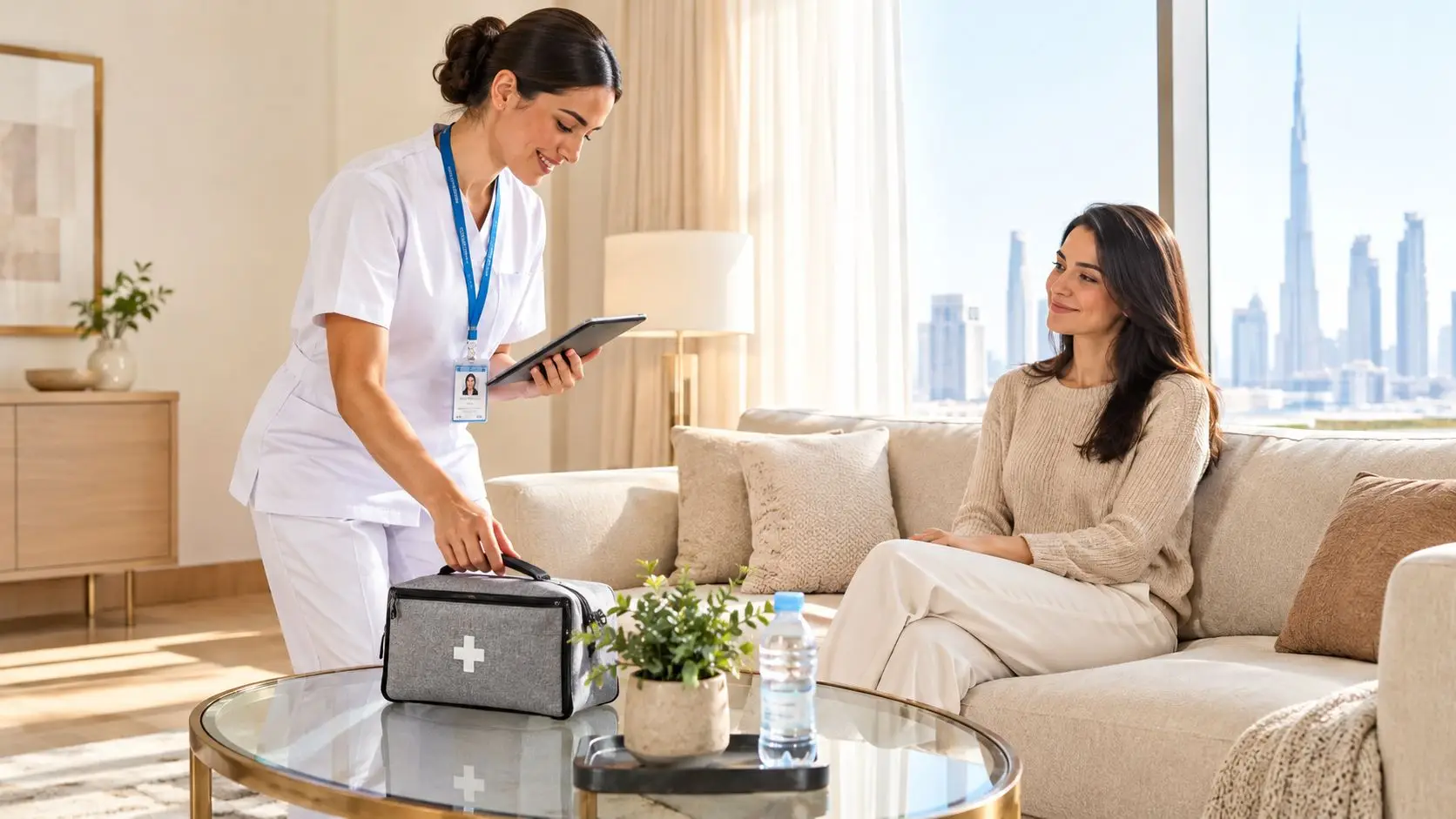 A smiling nurse provides professional IV vitamin therapy at home to a female patient on a sofa.