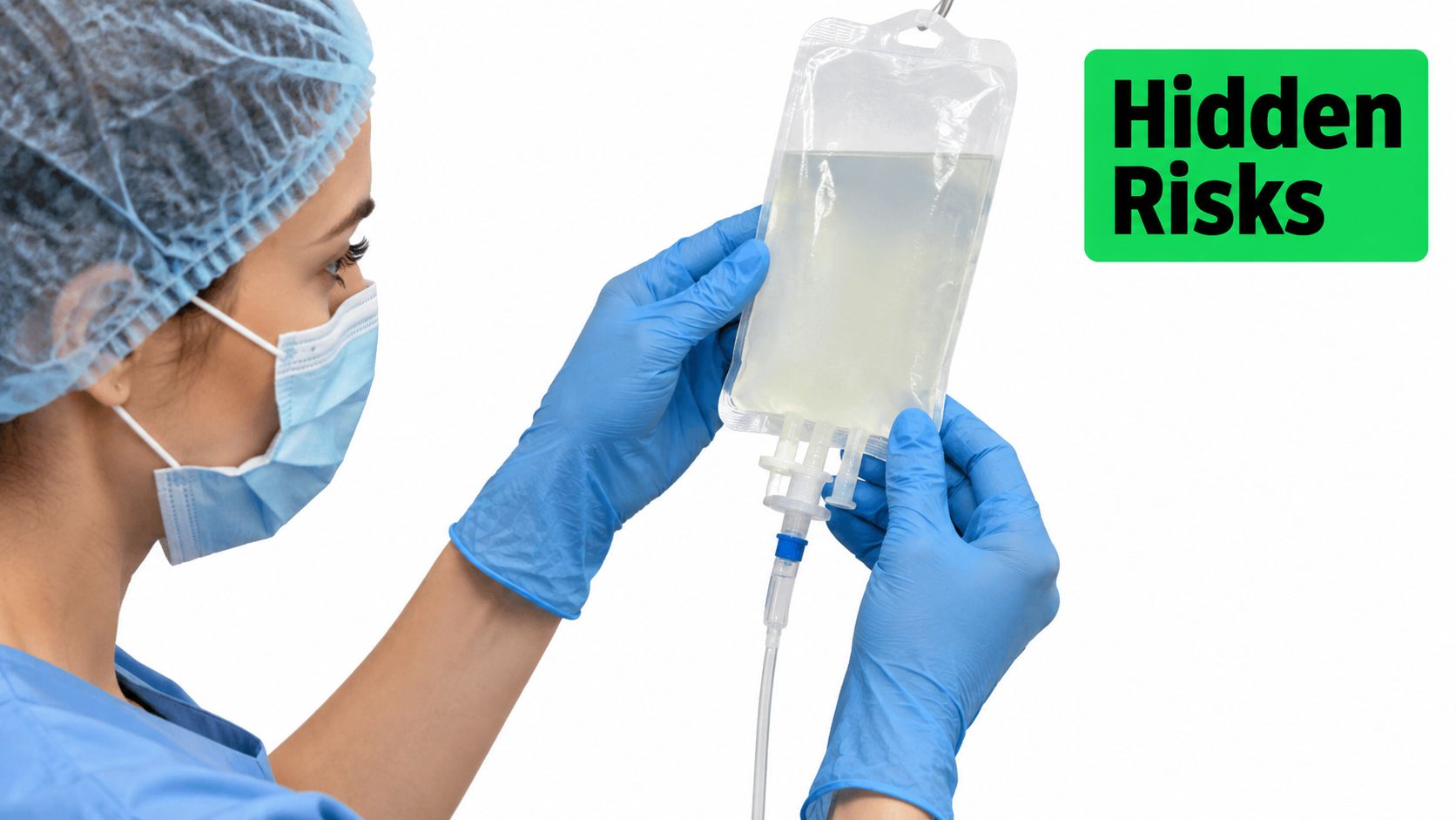 IV Vitamin Therapy Cost in Dubai Explained 6 A healthcare professional in a medical mask and blue gloves holding an intravenous vitamin therapy drip bag.