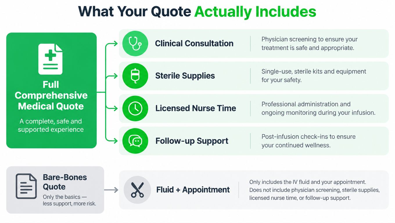IV Vitamin Therapy Cost in Dubai Explained 5 A comparison infographic showing that a comprehensive medical quote for IV therapy includes clinical consultation, sterile supplies, nursing, and support.