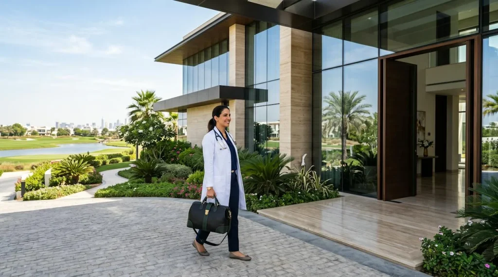 Private doctor on call arriving at a villa in Emirates Hills, Dubai