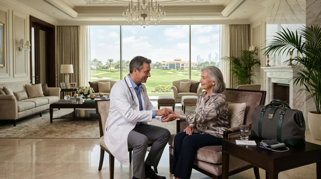 Private doctor consulting an elderly patient at home in Emirates Hills