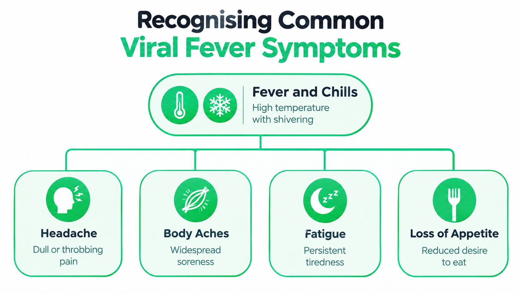 Viral Fever Symptoms and Warning Signs in Dubai 6 A green and white infographic illustrating common symptoms of viral fever including aches, fatigue, and chills.