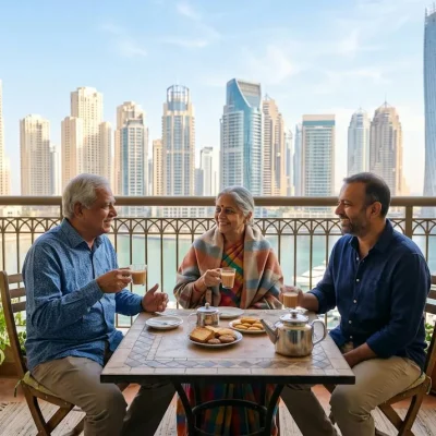 Elderly parents visiting Dubai having tea with their son on an apartment balcony