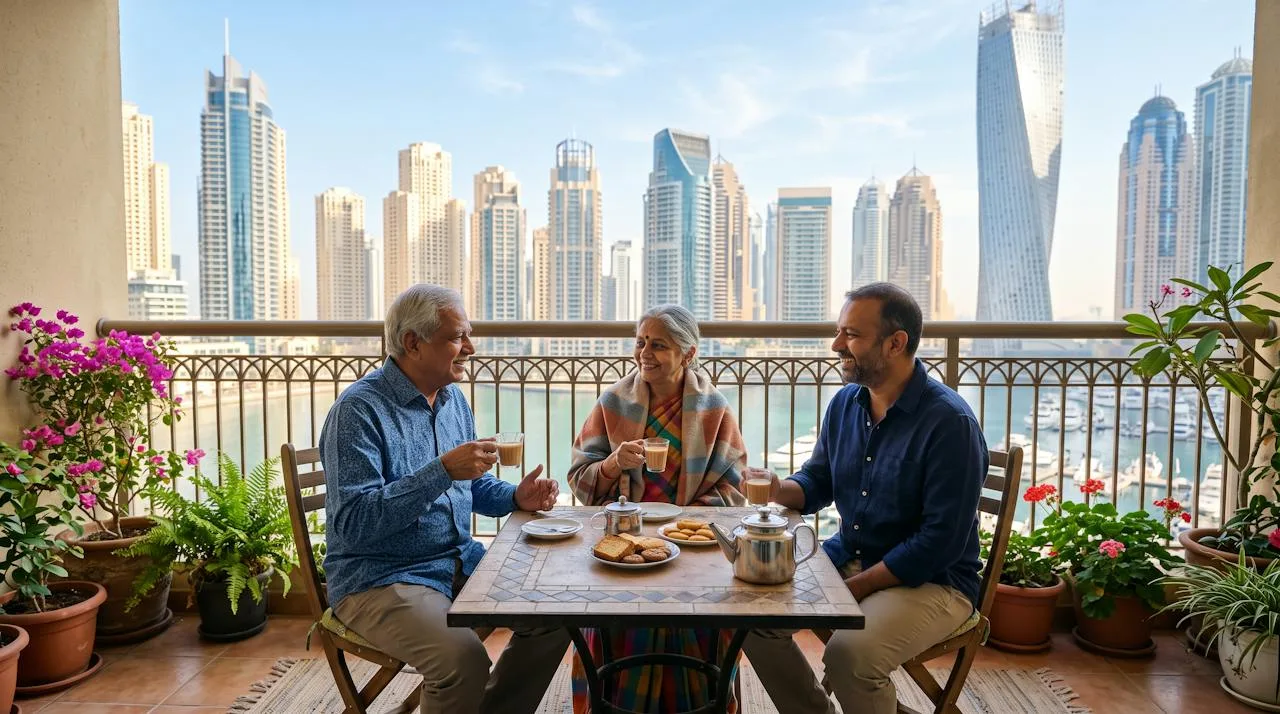 Elderly parents visiting Dubai having tea with their son on an apartment balcony