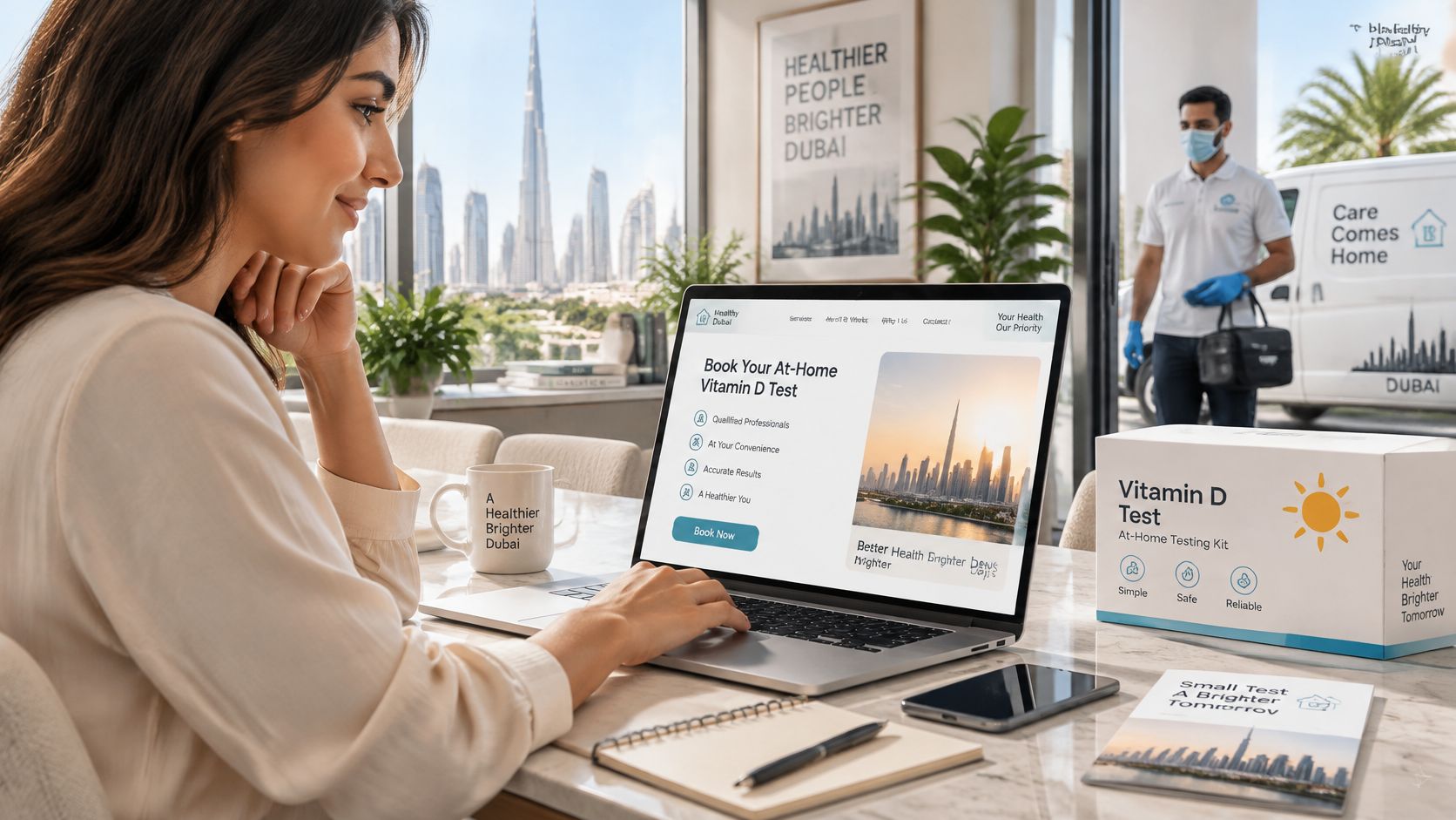 Vitamin D Test Price in Dubai: What You Actually Pay 7 A woman using a laptop to book an at-home vitamin D test in Dubai near a mobile clinic.