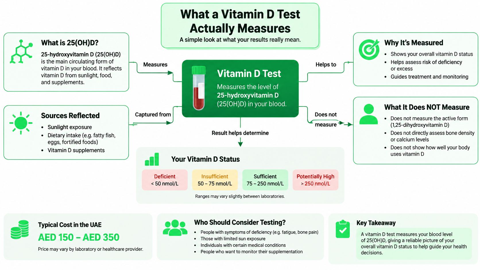 Vitamin D Test Price in Dubai: What You Actually Pay 5 An infographic explaining what a vitamin D blood test measures, its purpose, and typical cost in UAE.