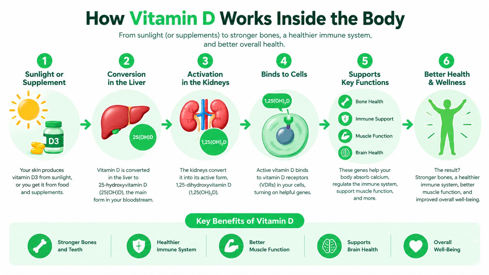 A diagram illustrating the six steps of how vitamin D is processed and functions in the human body.
